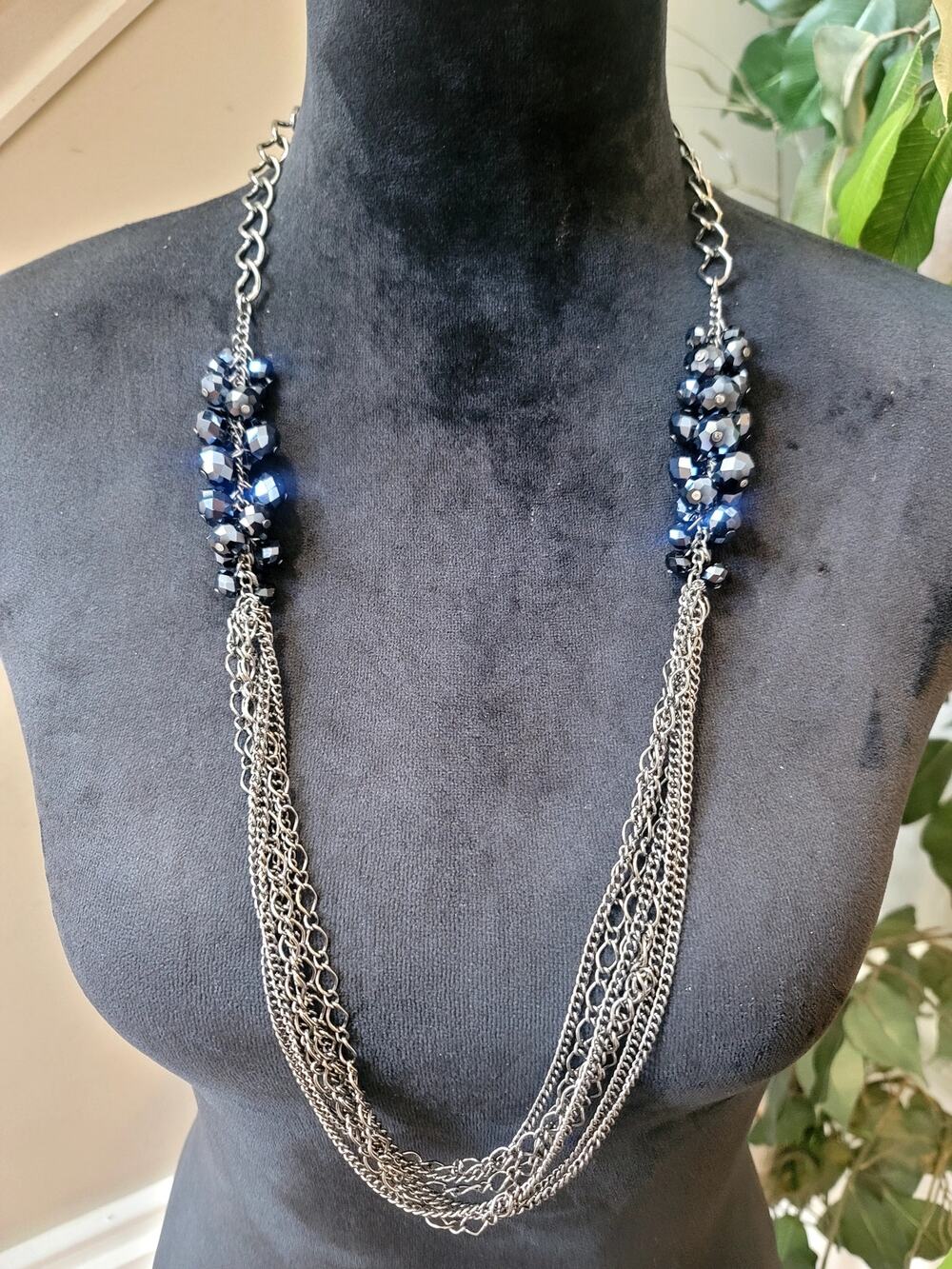 Gunmetal Layered Chain Necklace with Navy Blue Faceted Bead Clusters Statement